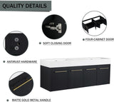 60" Black Wall Mounted Bathroom Vanity with Double Sink, High End Floating Vanity 4 Door Bathroom Cabinet with Thicken Edge Resin Sink,60 Inch Large Wood Bathroom Vanity with Gold Handle Goujxcy
