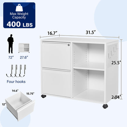 Yizosh 2-Drawer Metal File Cabinet with Lock, Mobile Lateral Filing Cabinet, Printer Stand with Adjustable Storage Shelves for Home Office (White) - WoodArtSupply