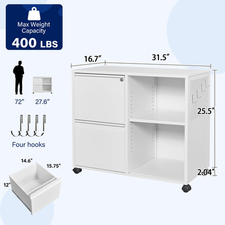 Yizosh 2-Drawer Metal File Cabinet with Lock, Mobile Lateral Filing Cabinet, Printer Stand with Adjustable Storage Shelves for Home Office (White) Yizosh