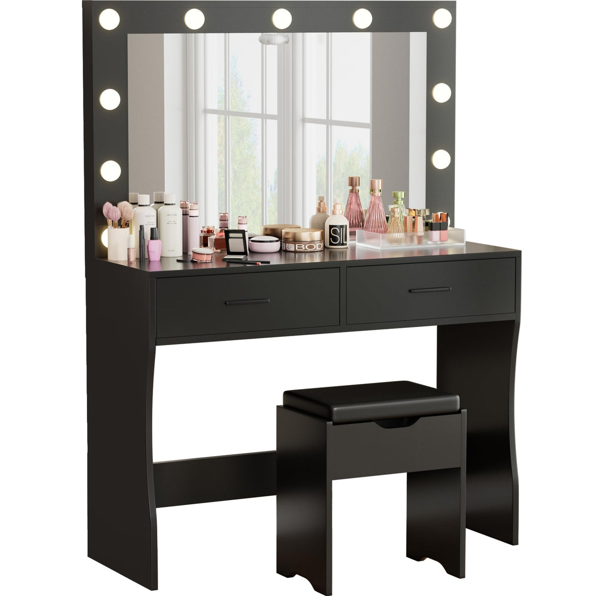 Furmax Vanity Desk Set with Large Lighted Mirror, 35.4 Inch Makeup Vanity Table with 2 Drawers, Cushioned Storage Stool, 3 Lighting Modes Brightness Adjustable, Dressing Table for Bedroom (Black) Furmax