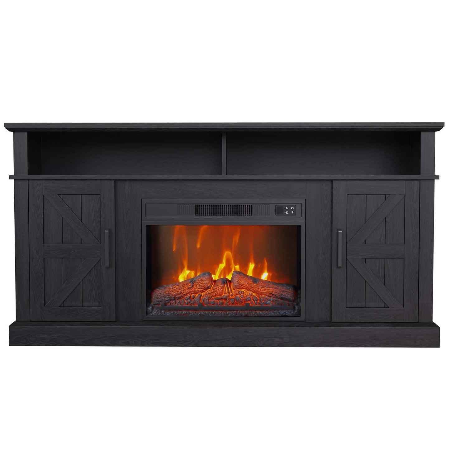 Luban Nese Fireplace TV Stand for TVs Up to 65" with 23" Electric Fireplace, Entertainment Center with Storage Cabinet and Open Shelves, Media Console with Barn Doors for Living Room (Charcoal Grey)