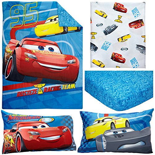 Disney Cars Rusteze Racing Team 4 Piece Toddler Bedding Set, Blue/Red/Yellow/White Disney