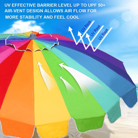 AMMSUN 7.5ft Heavy Duty HIGH Wind Beach Umbrella with sand anchor & Tilt Sun Shelter, UPF 50+ Protection Outdoor Umbrellas Sunshade with Carry Bag for Patio Garden Pool Backyard Rainbow AMMSUN