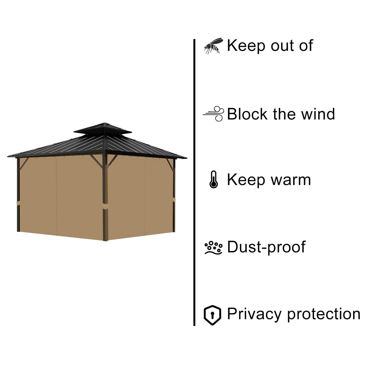 Gazebo Universal Replacement Privacy Curtain, 10'X12' Gazebo Curtains Outdoor Waterproof, 4-Panels Sidewall Curtains with Zipper for Patio, Garden and Backyard (Only Curtains, 10'X12', Brown) Tngan