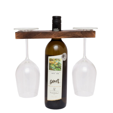 GoCraft Handmade Antique Wood Wine Bottle & Glass Holder – Rustic Countertop Stand for 1 Bottle & 2 Glasses – Vintage Wine Caddy for Home Bar, Kitchen, and Dining Room Décor GoCraft