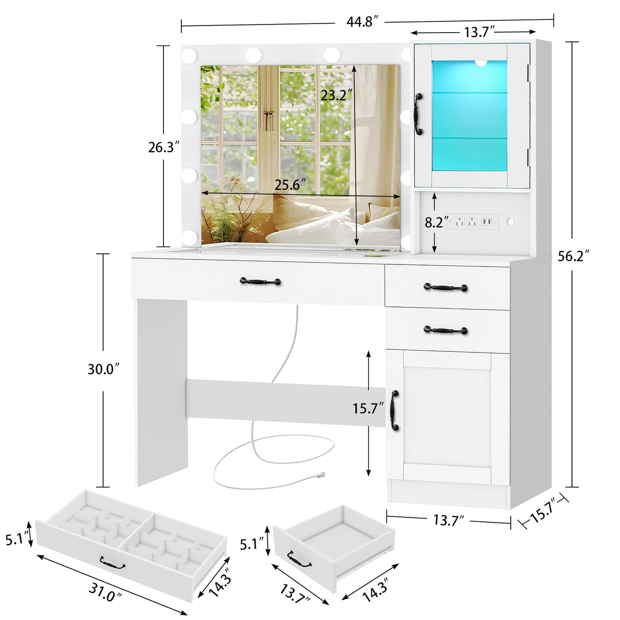 Quimoo Vanity Desk, Makeup Vanity with Lights, Large Mirror Vanity with 3 Drawers and 2 Cabinets, Vanity Table Set with Power Outlet and Glass Tabletop, for Bedroom (White) Quimoo