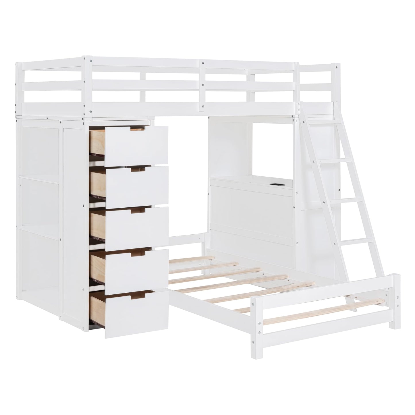 Versatile Twin Over Twin Bunk Bed with LED Light, USB Ports and Storage Solutions in White - WoodArtSupply