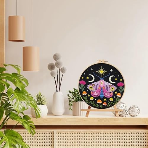 Nuberlic Moth Embroidery Kit for Beginners -Easy Cross Stitch Kits- Complete Embroidery Starter Set with Hoop, Pre-Printed Fabric, Threads & Needles