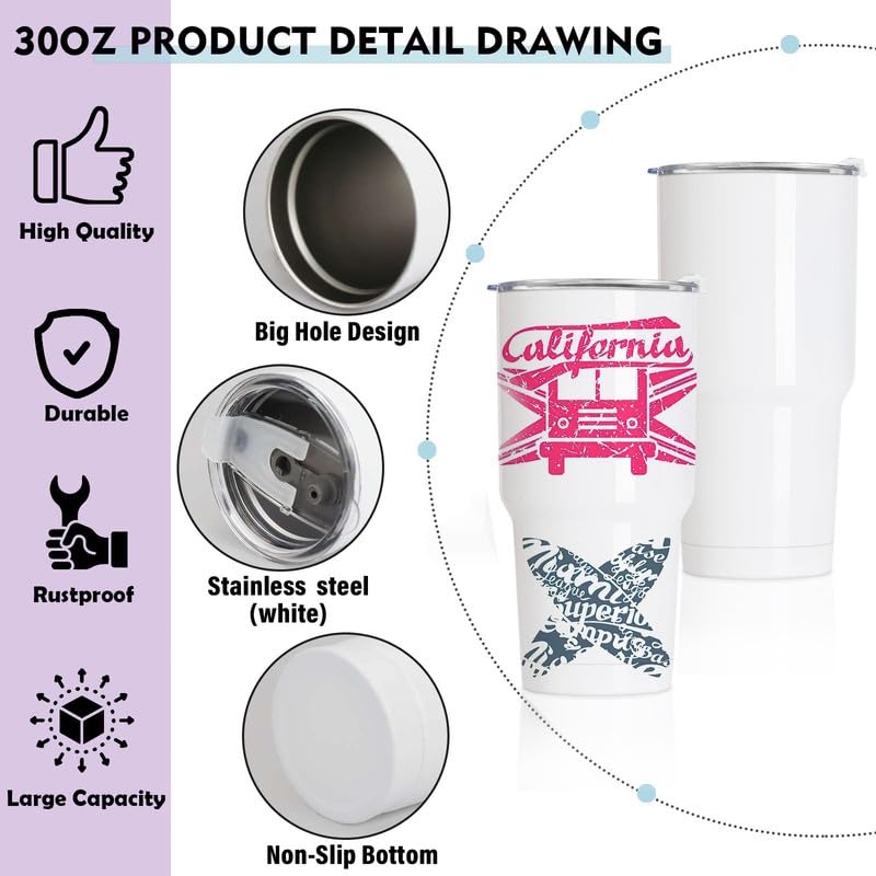 XccMe 30oz Stainless Steel Sublimation Tumblers Bulk,6PACK Double Wall Vacuum Insulated Coffee Mugs with Shrink Wrap Films and Splash Proof Lids,Travel Cups for DIY Gift,Coffee,Beverage White XccMe