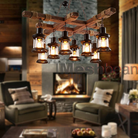 Farmhouse Chandelier Wood Hanging Pendant Lighting Vintage Ceiling Light Fixture 8 Heads for Bar Coffee Dining Table Kitchen Island Bar Easy to Install iMeshbean