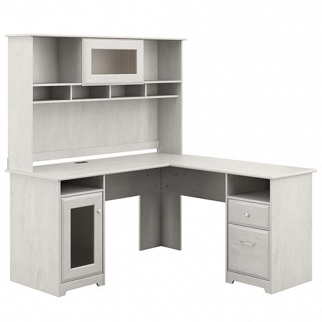 Bush Furniture Cabot L Shaped Desk with Hutch | Corner Desk with Storage for Home Office in Linen White Oak | 60W L Shaped Computer Desk Bush Business Furniture