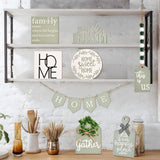 EMVANV 11 PCs Tiered Tray Decoration Set,Wood Sign Rustic Home Sweet Home Simply Blessed Home Tiered Tray Decorations for Dining Room Country Summer Shelf Centerpiece Present(Green+White) EMVANV