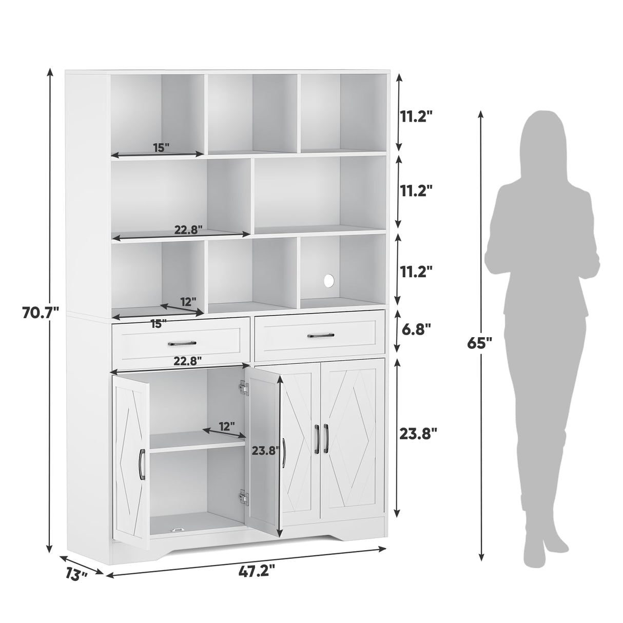 Wanttii Large Bookshelves and Bookcase with Doors, 8-Tier Wooden Bookshelves with Cabinet Doors, Tall Storage Cabinet for Home Office, Living Room, Bedroom (Industrial White) Wanttii