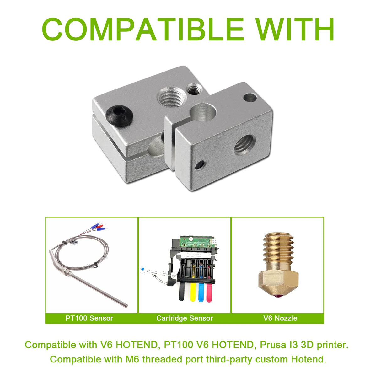 EPLZON 3D Printer Hotend Heater Block Volcano Hotend Apply to E3D V6 hotend HT-NTC100K PT100 Sensor with 2pcs Wrench(Pack of 6 Pcs) EPLZON