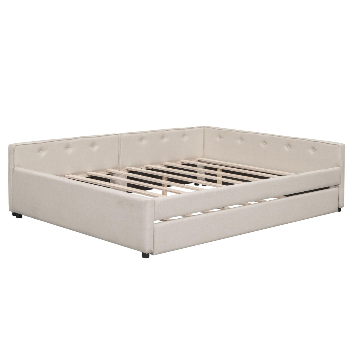 KALALLA Upholstered Queen Size Daybed with Trundle and USB, L-Shaped Corner Unit Day Bed Frame, No Box Spring Needed for Kids, Girls, Adults - Beige KALALLA