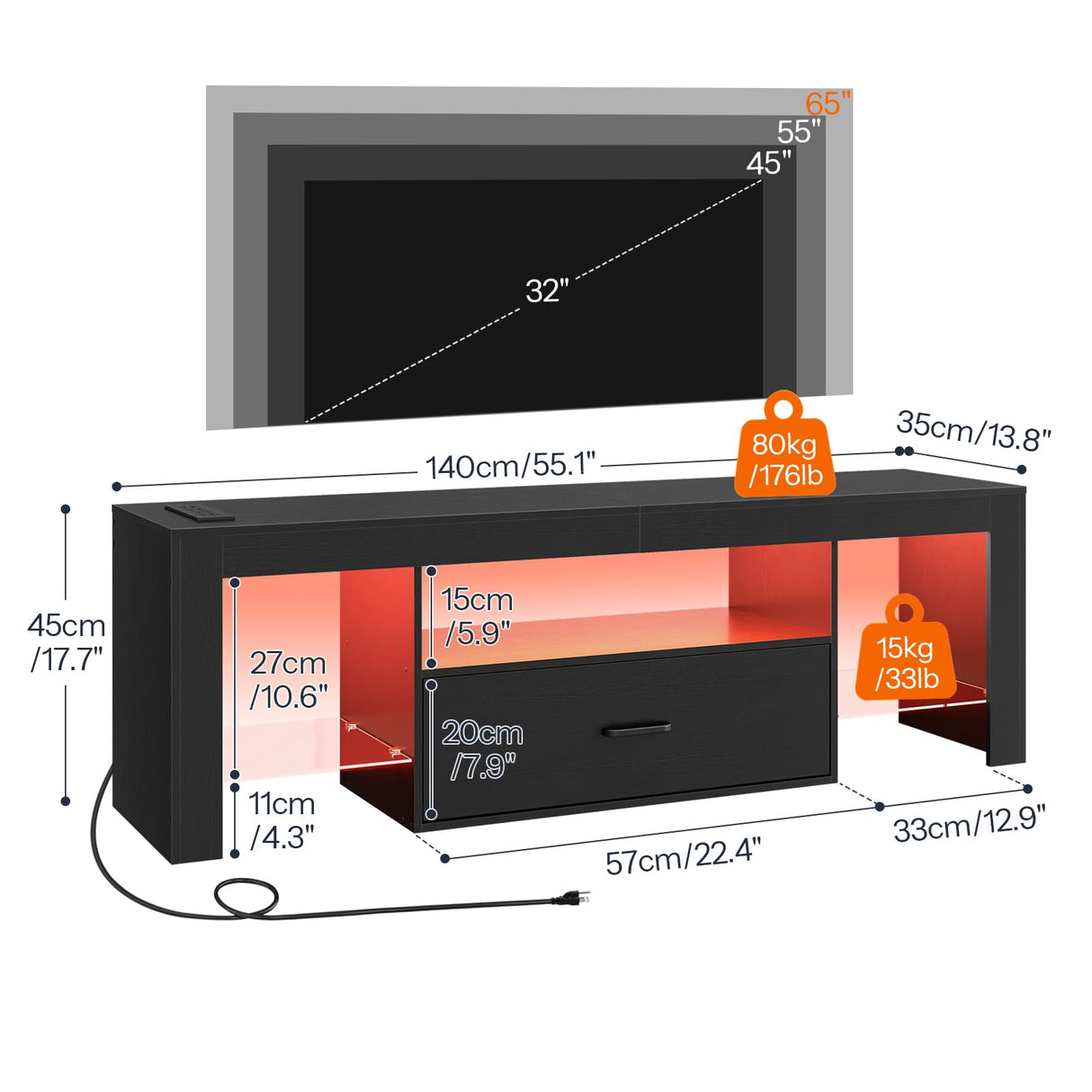 HOOBRO LED TV Stand with Power Outlets to 65 inch TV, Gaming Entertainment Center with Glass Shelves and Large Drawer, Modern Media TV Console Table for Living Room Bedroom, Black BB14UDDS01G1 HOOBRO