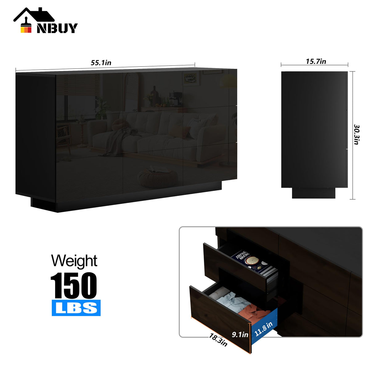 Anbuy LED 9 Drawer Dresser, Black Modern Dresser with High Gloss Drawers Dual Chest of Drawers with Lights for Bedroom (Black) Anbuy