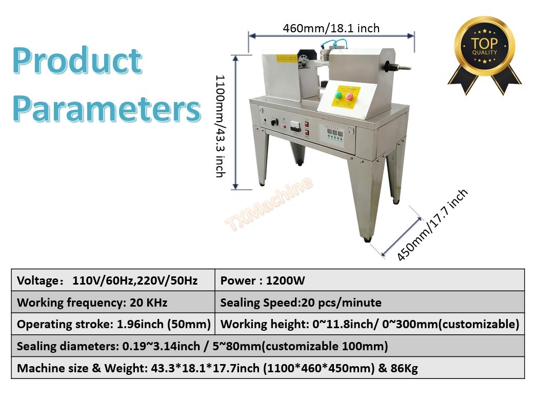 TXMACHINE® Ultrasonic Plastic Tube Sealing Machine tube tail welding sealer cutter with printing function (110V/60HZ, 5-80MM/0.19-3.149inch sealing diameter) TXMACHINE
