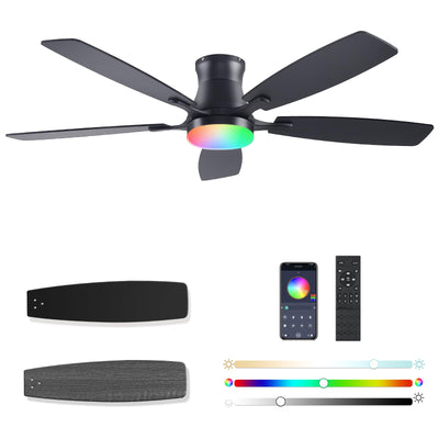 FUMLTP 54inch Ceiling fans with Lights, Low Profile RGB Ceiling fan with Light and Remote/App Control, Dimmable, DC Reversible Motor, Noiseless, 6 Speeds, Black Ceiling Fan For Bedroom Indoor Outdoor
