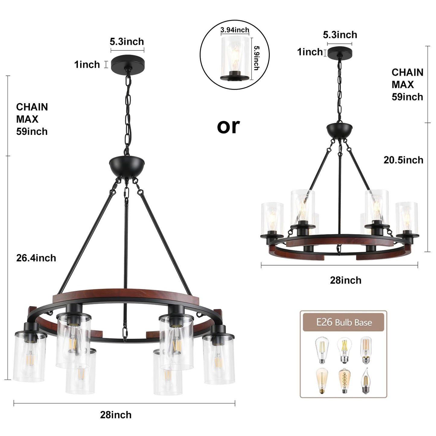 28 Inch Wagon Wheel Chandelier with Glass Shade, 6-Light Farmhouse Wood Large Round Chandeliers for Dining Room Pendant Light Fixture for Living Room Bedroom Kitchen Island Foyer Entryway - WoodArtSupply