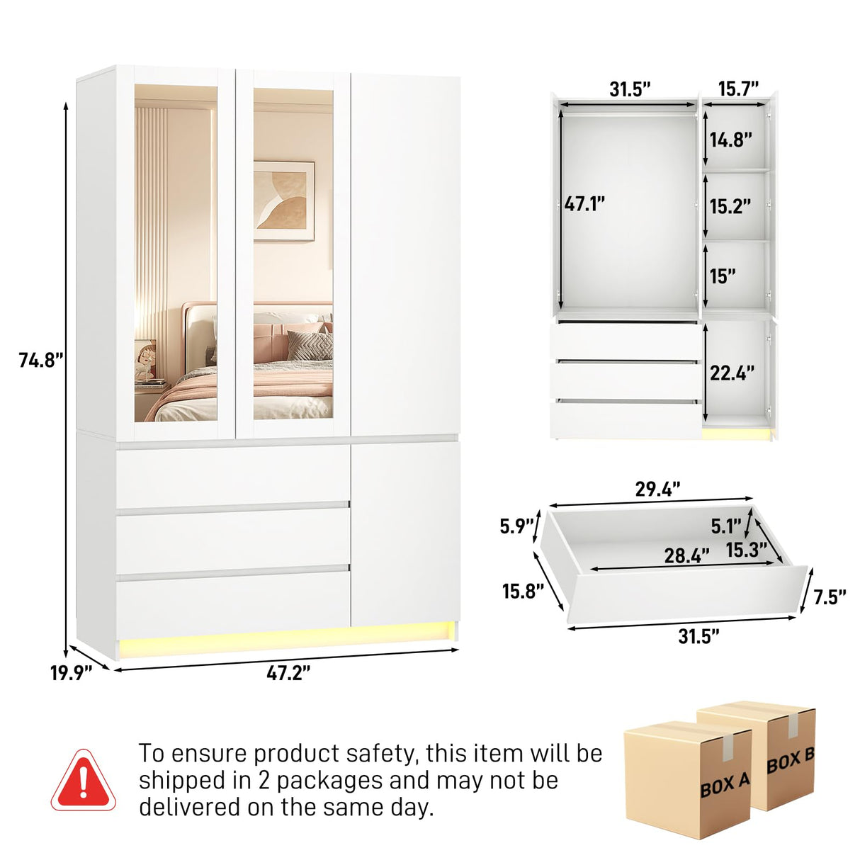 jiteentarou 3 Doors Armoire Wardrobe Closet with 3 Drawers & Mirror, Modern Wooden Bedroom Armoires with Hanging Rod Led Lights for Bedroom, White jiteentarou