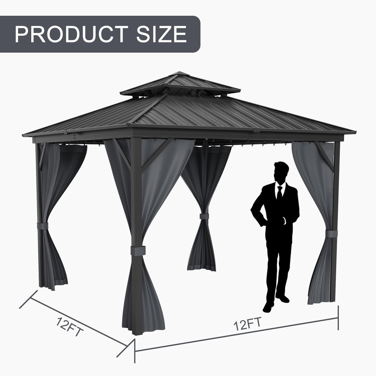 GAOMON 12'*12'Hardtop Gazebo - Outdoor Metal Pavilion with Galvanized Steel and Aluminum Frame, Double Roof Canopy with Netting and Curtains - Ideal for Patio, Backyard, Deck, and Lawns(Gray) GAOMON