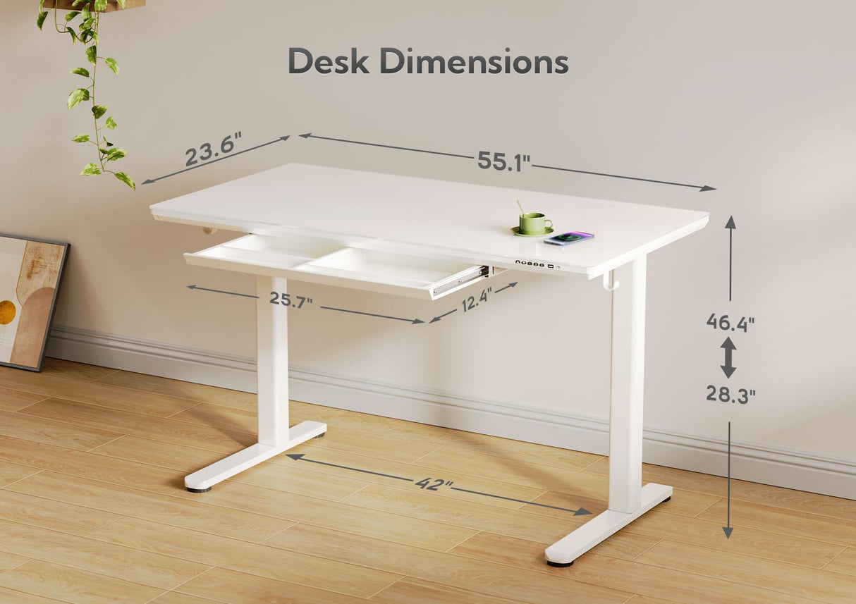 INNOVAR Wireless Charging Glass Standing Desk with Drawers, Adjustable Height Stand Up Desk, Electric Standing Desk with Storage, 55 inch, Super White INNOVAR
