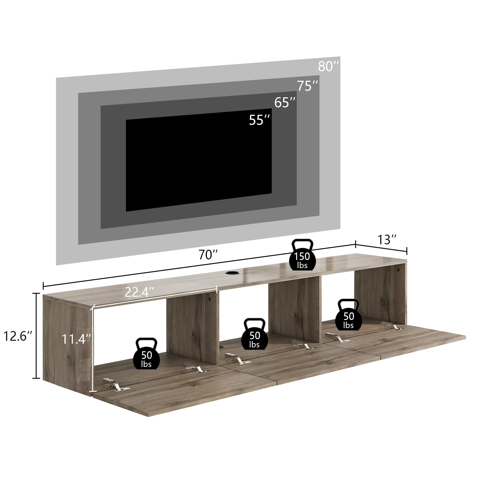 AMERLIFE 70" Floating TV Stand with LED Lights and Power Outlet, High Gloss Wooden Texture Wall Mounted Media Console Entertainment Center for TVs Up to 80", Grey - WoodArtSupply