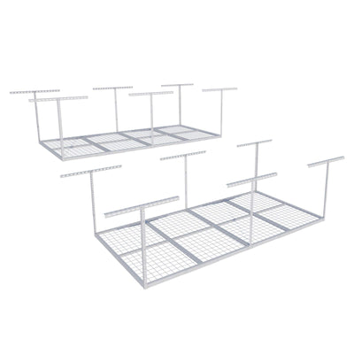FLEXIMOUNTS 4x8 Overhead Garage Storage Rack, Adjustable Organization System, Heavy-Duty Metal Ceiling Racks, 2 pack, White