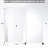 JAORD Garage Storage Cabinets with Wheels, Metal Storage Cabinet with Locking Doors and 4 Adjustable Shelves for Garage Home, Assembly Required, 73" H, White JAORD