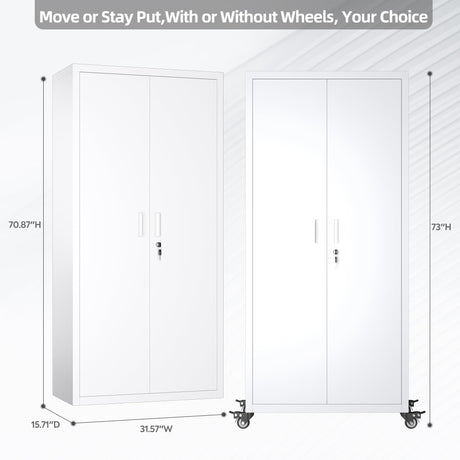 JAORD Garage Storage Cabinets with Wheels, Metal Storage Cabinet with Locking Doors and 4 Adjustable Shelves for Garage Home, Assembly Required, 73" H, White JAORD
