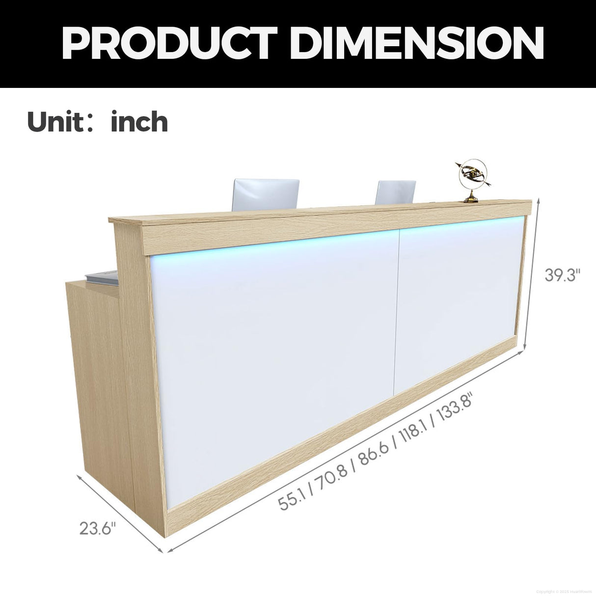 Huariifowm LED Reception Desk with Drawers & Lockers – Modern Front Counter Desk for Office, Salon, Spa, Hotel Lobby or Retail Store (White+ Maple, 71" L*24W*39" H) Huariifowm
