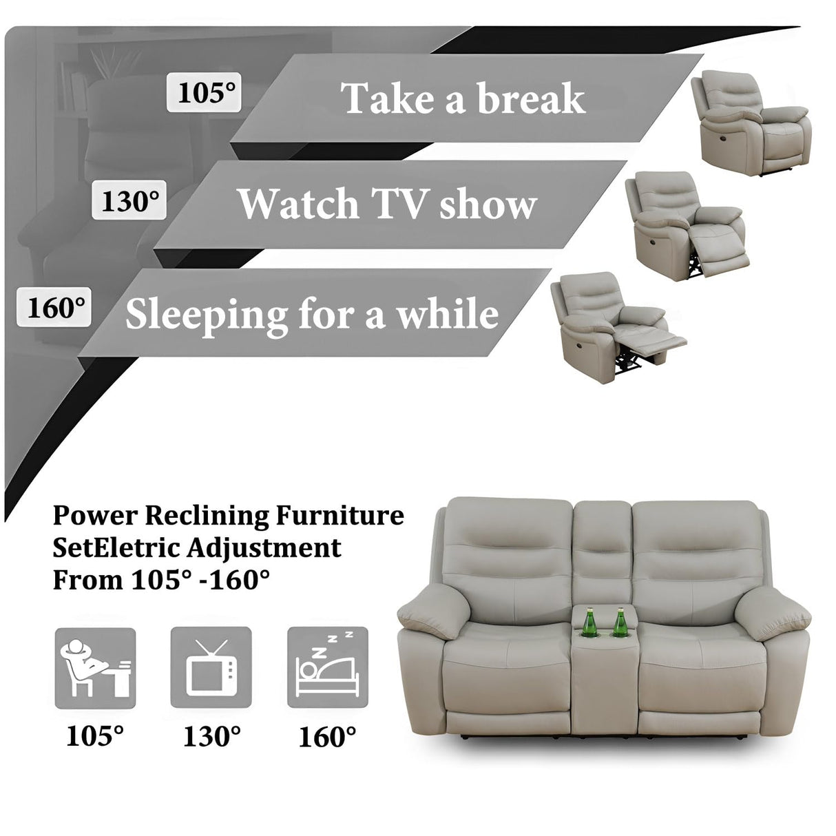 GEBADOL Power Reclining Sofa Set, Genuine Leather Recliner Sofa and Loveseat Set, 2 Pieces Top Grain Leather Sofa with Built in USB Port for Living Room (Light Grey) GEBADOL