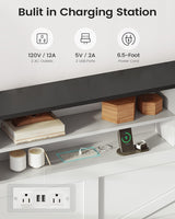 AOGLLATI Farmhouse King Bed Frame Bed Frame with 4 Storage Drawers and Led Lights, Wooden King Bed with Hidden Space Bookcase Headboard and Led Lights, White AOGLLATI