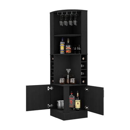 FM FURNITURE Delhi Corner Bar Cabinet, Eight Wine Cubbies, Glass Rack, Double Door Cabinet for Living Room