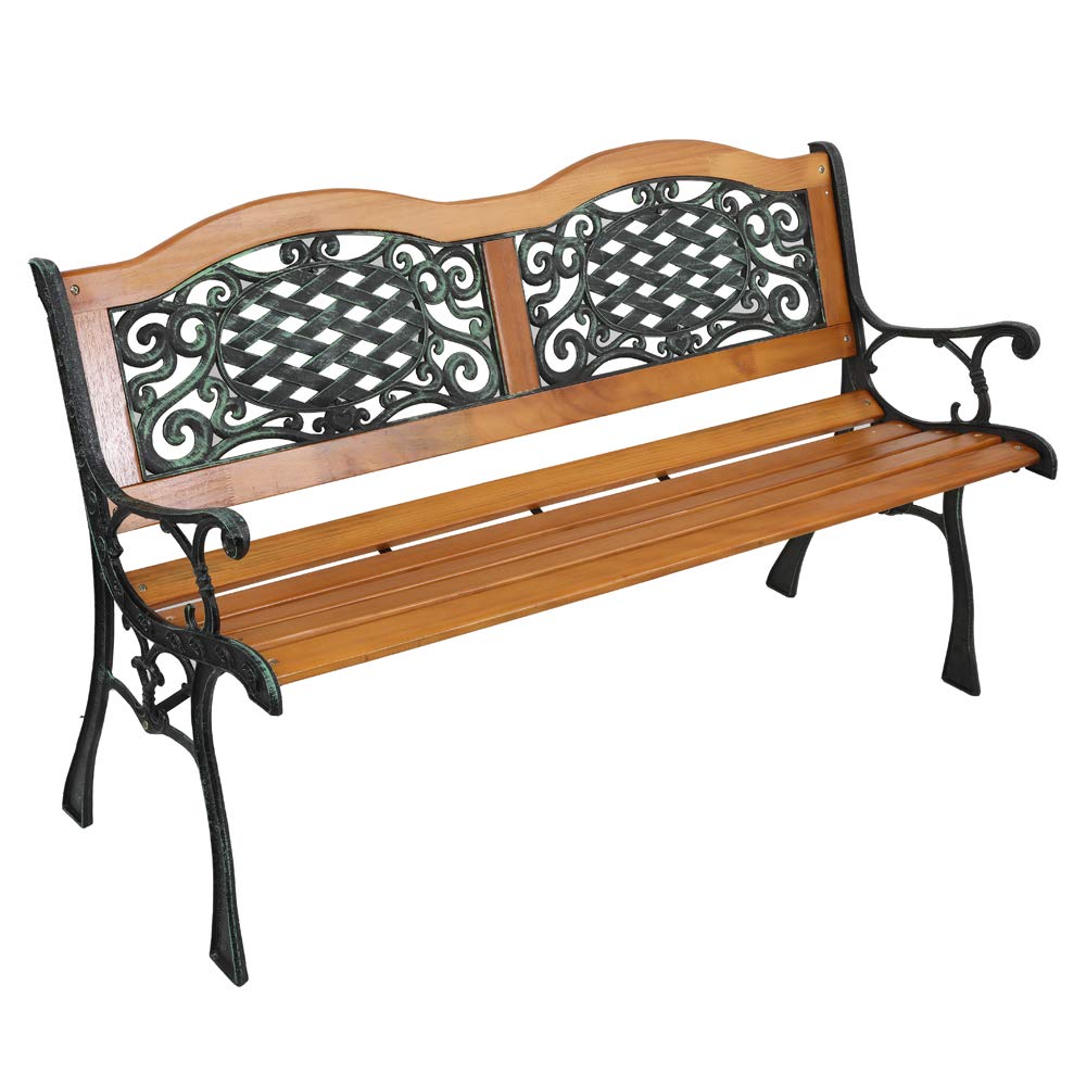 VINGLI Outdoor Bench Metal Garden Bench Front Porch Bench, Wood Patio Bench w/PVC Backrest Cast Iron Love Seat Park Benches (Arched Back) VINGLI