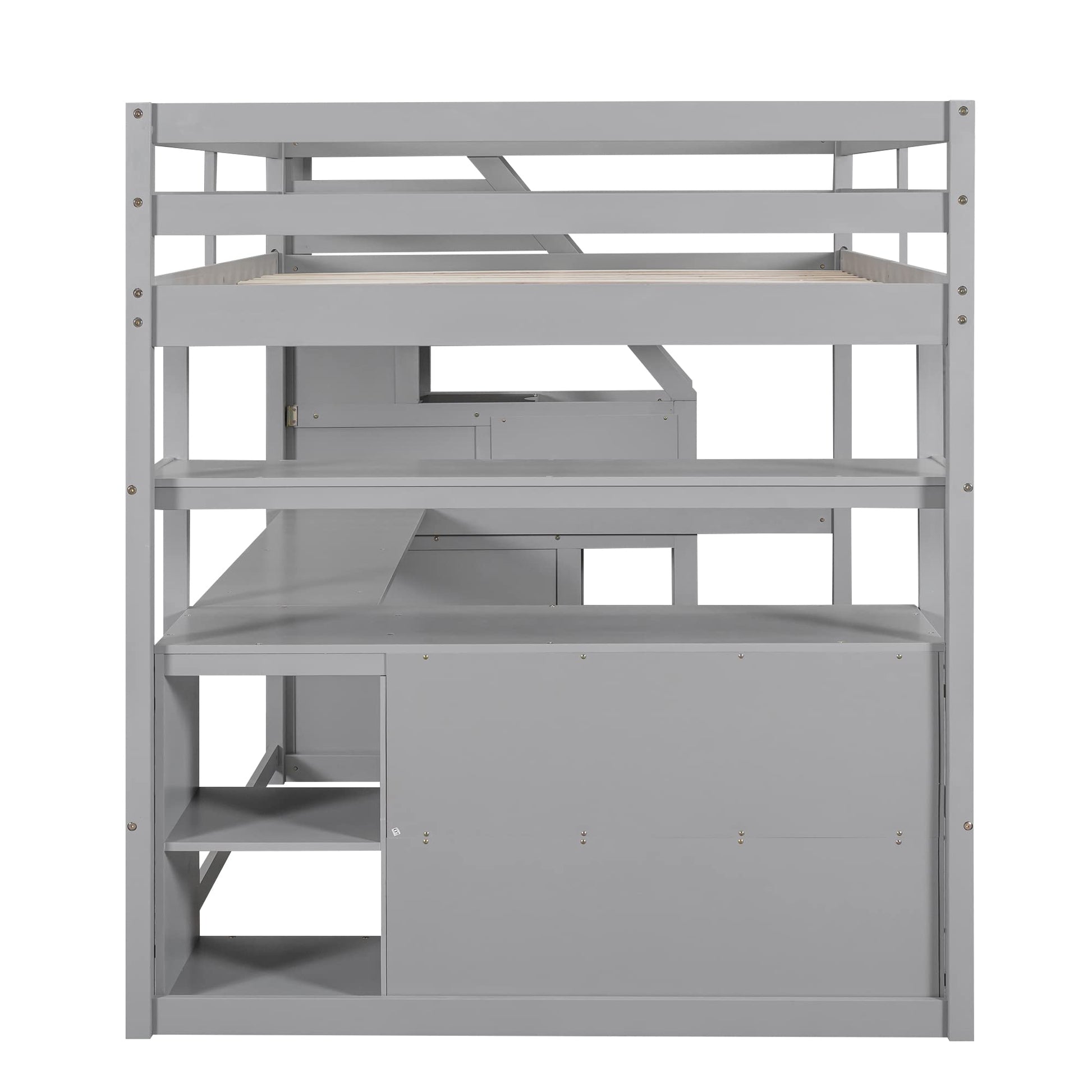 Grey Full Size Loft Bed with Stairs, Desk, Drawers, and Bookshelf by Harper & Bright Designs - WoodArtSupply