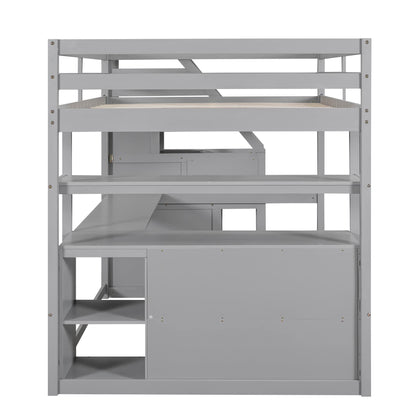 Grey Full Size Loft Bed with Stairs, Desk, Drawers, and Bookshelf by Harper & Bright Designs - WoodArtSupply