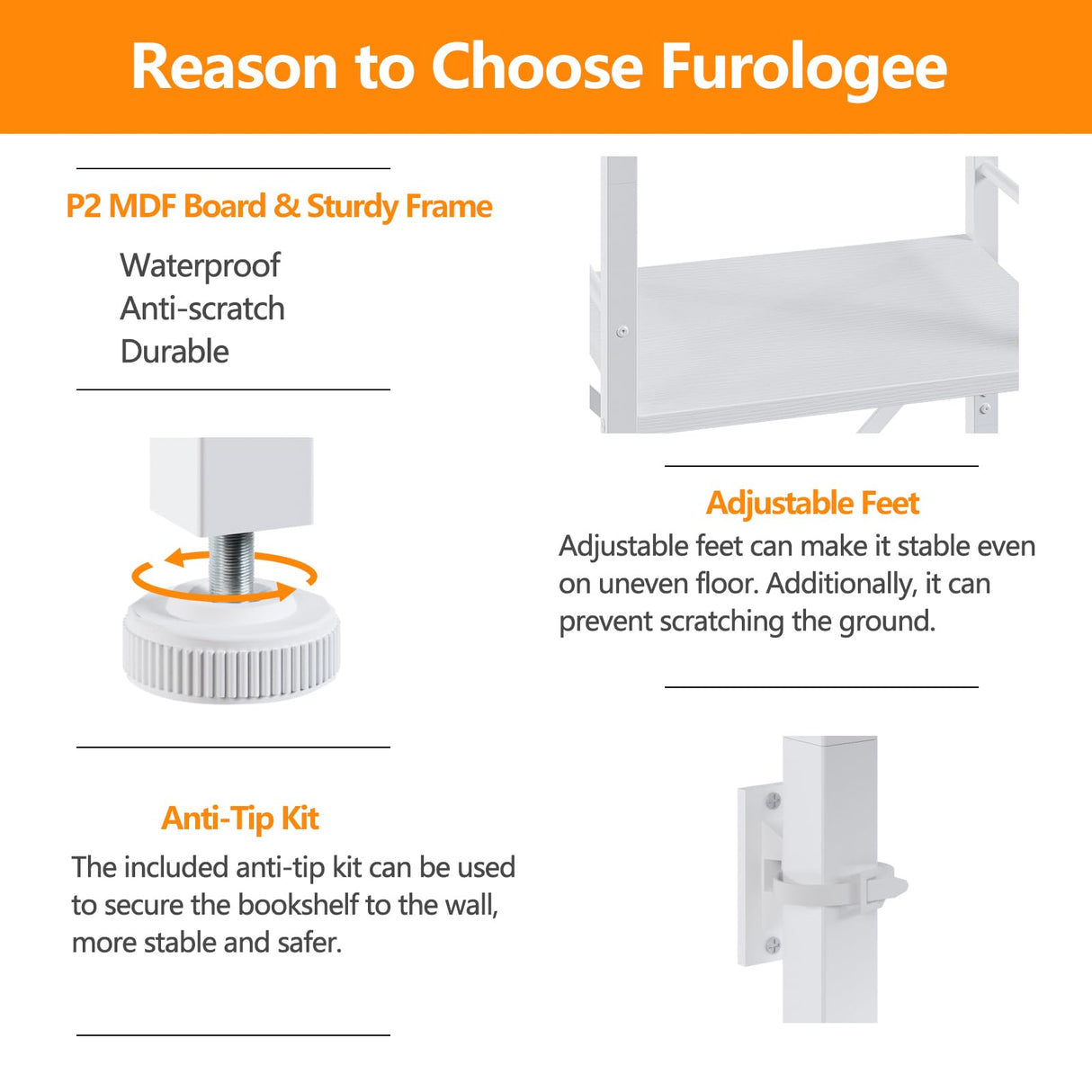 Furologee White Bookshelf 5 Tier Bookcase, Tall Narrow Bookshelves, Modern Freestanding Shelf Units, Metal and Wood Display Storage Corner Shelves Organizer for Bedroom, Living Room, Office, Bathroom Furologee