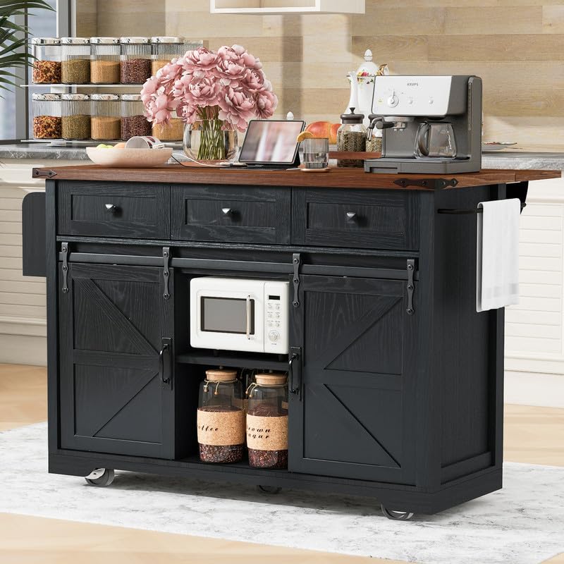 53.7" Farmhouse Kitchen Island with Power Outlet, 2 Sliding Barn Door Kitchen Storage Island with Drop Leaf, Spice Rack Rolling Kitchen Cart on Wheels, for Home, Kitchen and Dining Room, Black HomeGearTech