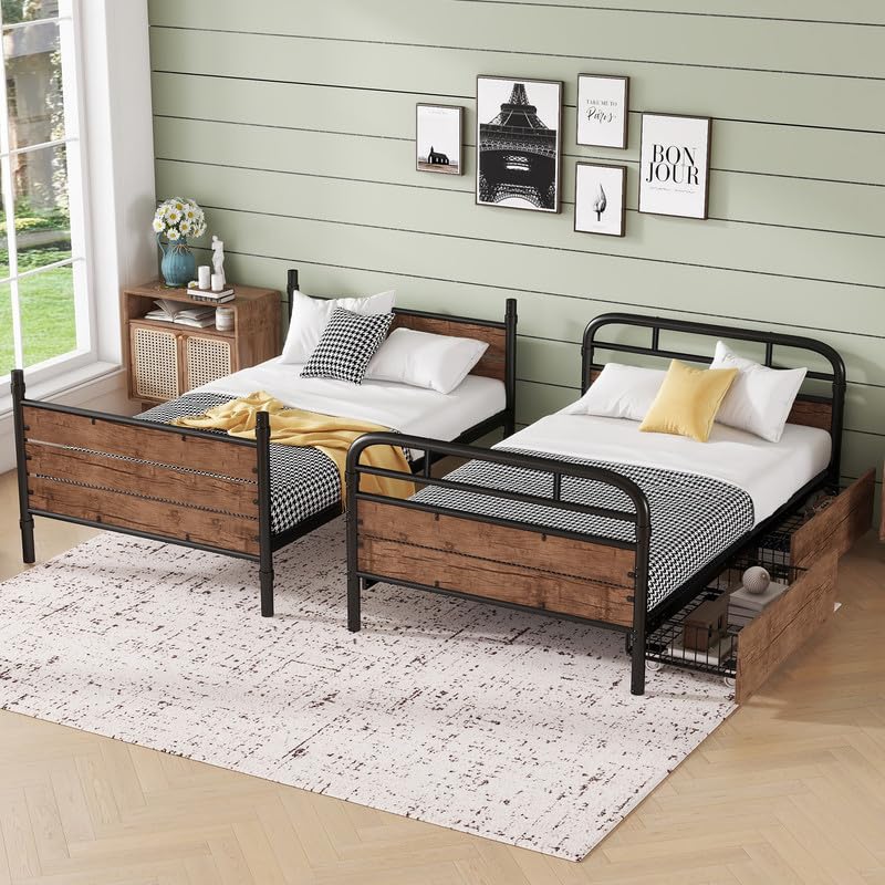 NeoTechEra Twin XL Bunk Bed for Teens - Metal Detachable Bunk Bed with LED Light, USB Charger, 2 Large Drawers, Convertible to 2 Twin XL Beds, Ideal for Small Rooms NeoTechEra