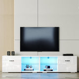 DMAITH LED TV Stand for 70 75 Inch TVs, High Gloss Entertainment Center with Blue LED Lighting, Dual Cabinets & 4 Open Shelves, Soft Close Hinged Doors with Handles for Living Room & Bedroom, White DMAITH