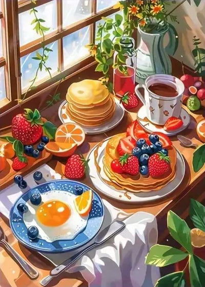 JFYHAB Breakfast Morning Diamond Art Painting Kits for Adults, Full Drill Food Diamond Dots Paintings for Beginners, Round 5D Paint with Diamonds Pictures Gem Art Painting Kits Crafts 11.8x15.7inch