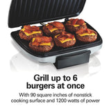 Hamilton Beach Electric Indoor Grill, 6-Serving, Large 90 sq. in. Nonstick Easy Clean Plates, Floating Hinge for Thicker Foods, 1200 Watts, 6.38"D x 12.68"W x 13.78"H , Silver (25371) Hamilton Beach