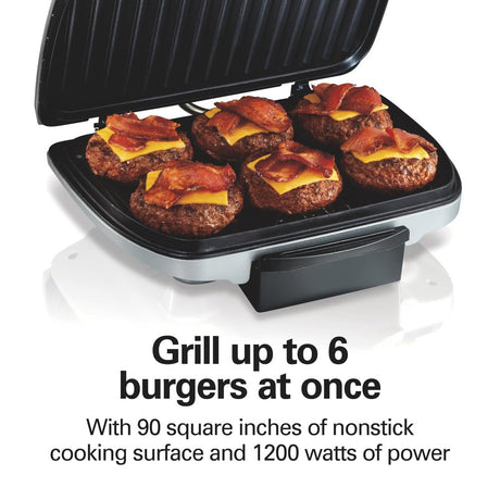 Hamilton Beach Electric Indoor Grill, 6-Serving, Large 90 sq. in. Nonstick Easy Clean Plates, Floating Hinge for Thicker Foods, 1200 Watts, 6.38"D x 12.68"W x 13.78"H , Silver (25371) Hamilton Beach