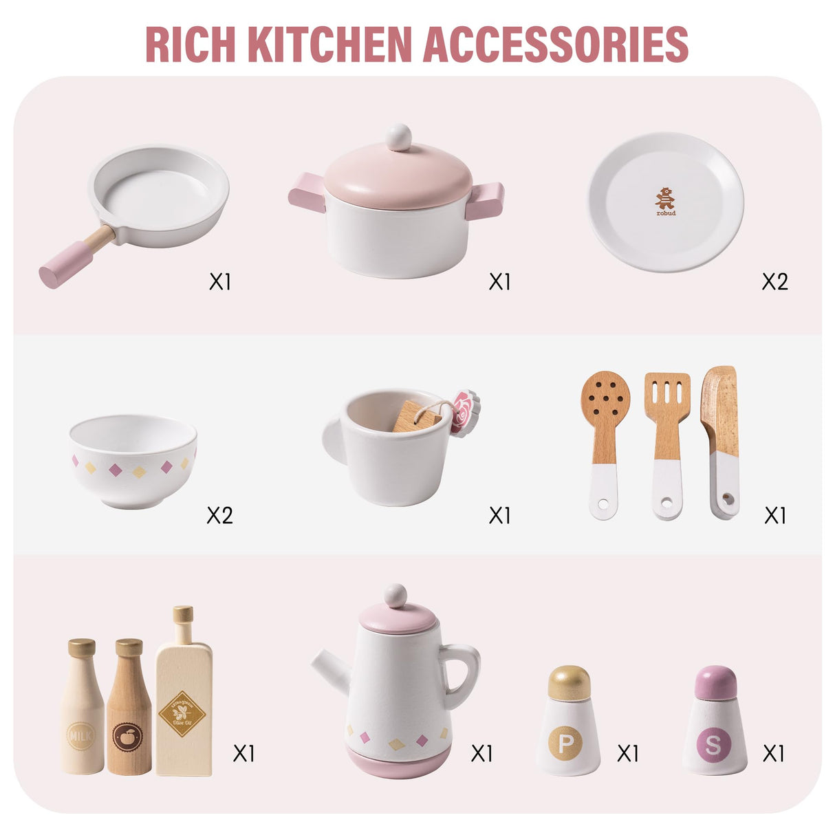 ROBUD Play Kitchen for Kids Toddlers, Wooden Play Kitchen with Realistic Accessories, Toy Kitchen Set with Plenty of Play Features, Modern Style Toy Kitchen for Girls & Boys, Gift for Ages 3+, Pink ROBUD