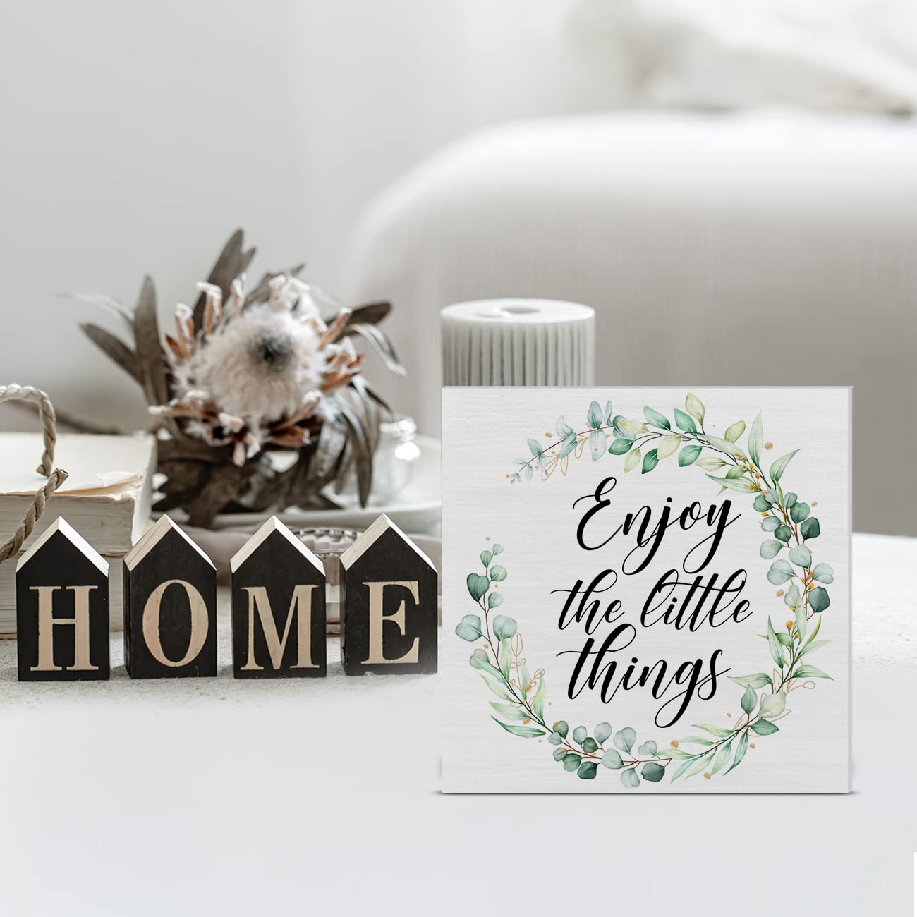 Enjoy the Little Things Wood Box Sign Art Desk Decor Farmhouse Wood Block Sign Decor for Home Kitchen Office Bedroom Living Room Shelf Wall - WoodArtSupply