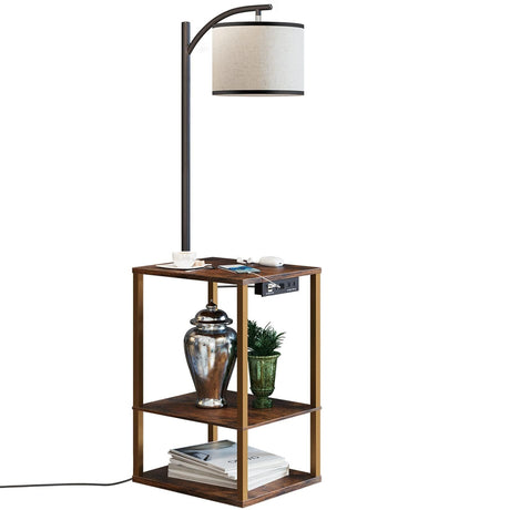 SUNMORY Floor Lamp with Table, End Table with Lamp, Shelves, Charging Station(USB & AC Port), 3-Color Temperature LED Bulb, Side Table Lamps for Living Room, Bedroom, Office, Rustic Brown SUNMORY