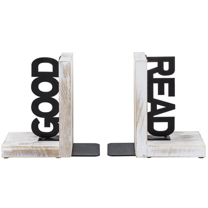 MyGift Shabby White Washed Solid Wood Decorative L-Shaped Bookends with Matte Black Metal Cutout Good and Read Block Letter Design, Non-Skid Book Stopper, 1 Pair