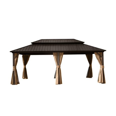 12' X 18' Hardtop Gazebo, Aluminum Metal Gazebo with Galvanized Steel Double Roof Canopy, Curtain and Netting, Permanent Gazebo Pavilion for Party, Wedding, Outdoor Dining, Brown GOWE